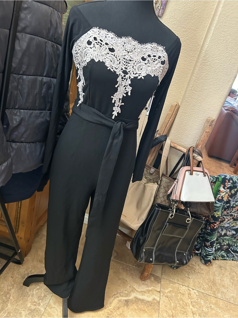 Haute Monde Black Jumpsuit with White Lace Bodice and Waist Tie